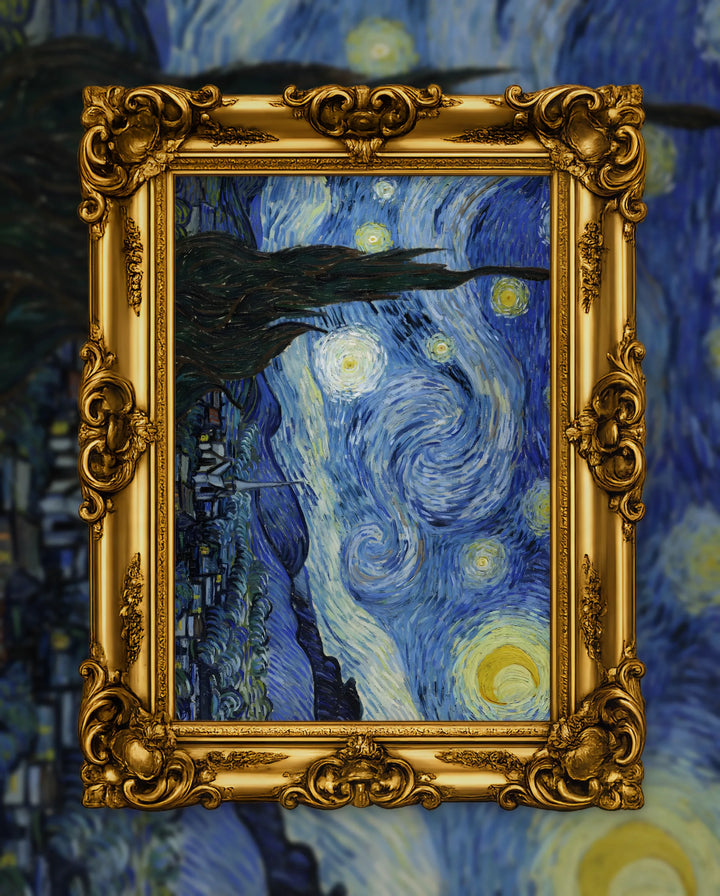 Vincent van Gogh’s The Starry Night in an ornate gold frame, fine art jigsaw puzzle