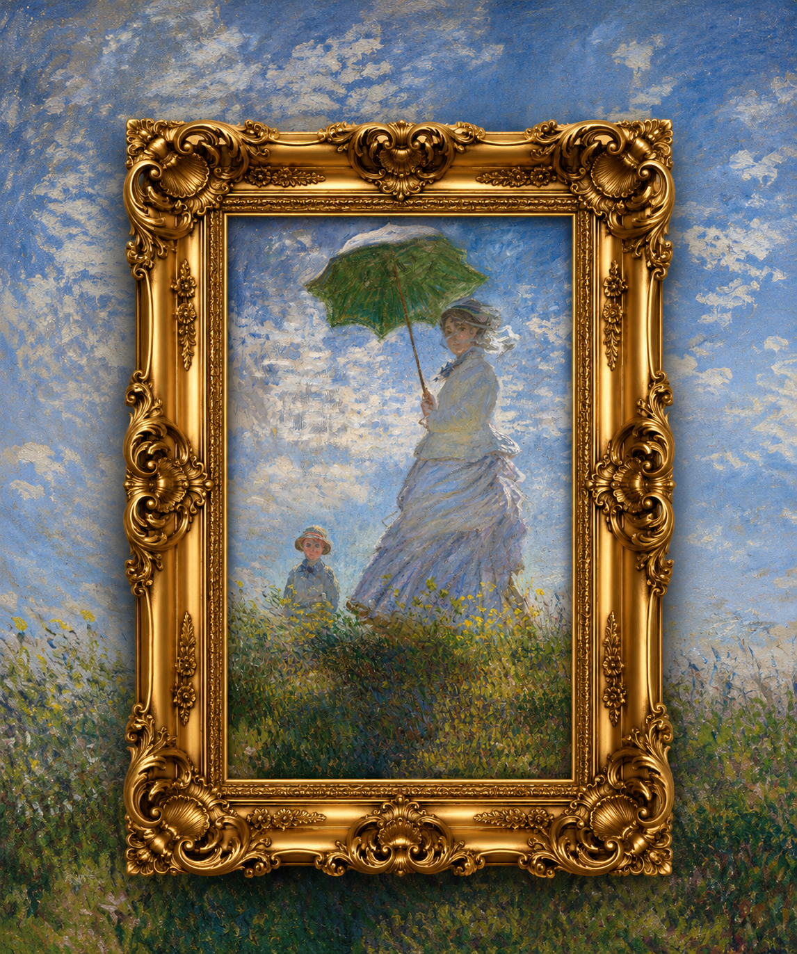 Woman with parasol in ornate gold frame, Monet-style art puzzle for display