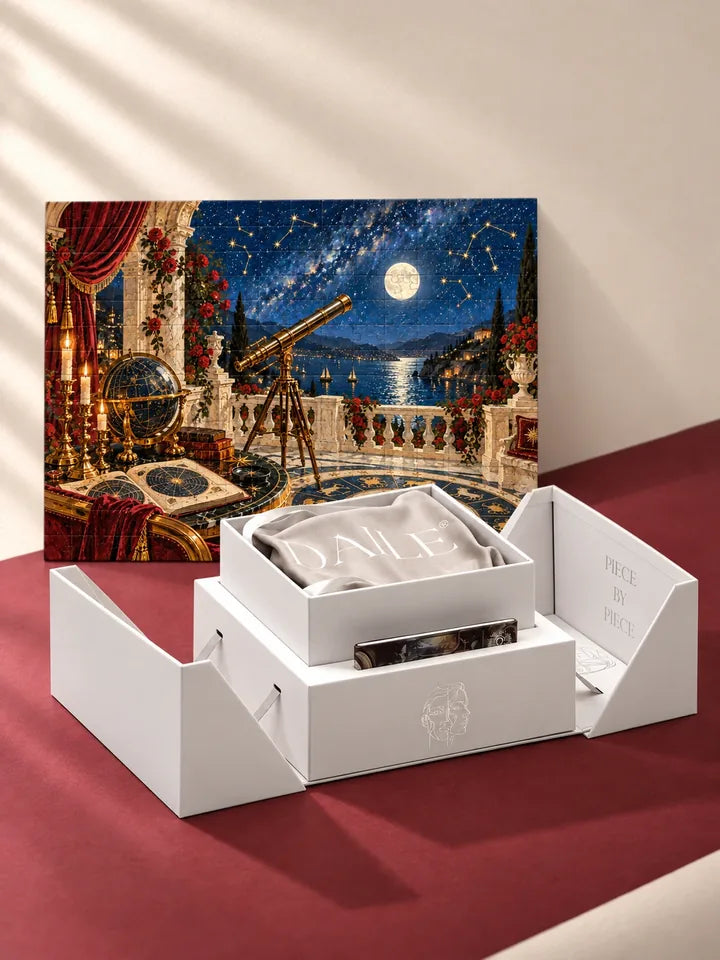 Mini 300 gift box with a velvet pouch and an assembled puzzle.